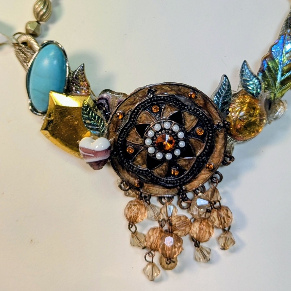 Wendy Gell Crescent Necklace Earth Tones With Dangles,Saks Fifth Avenue Label.